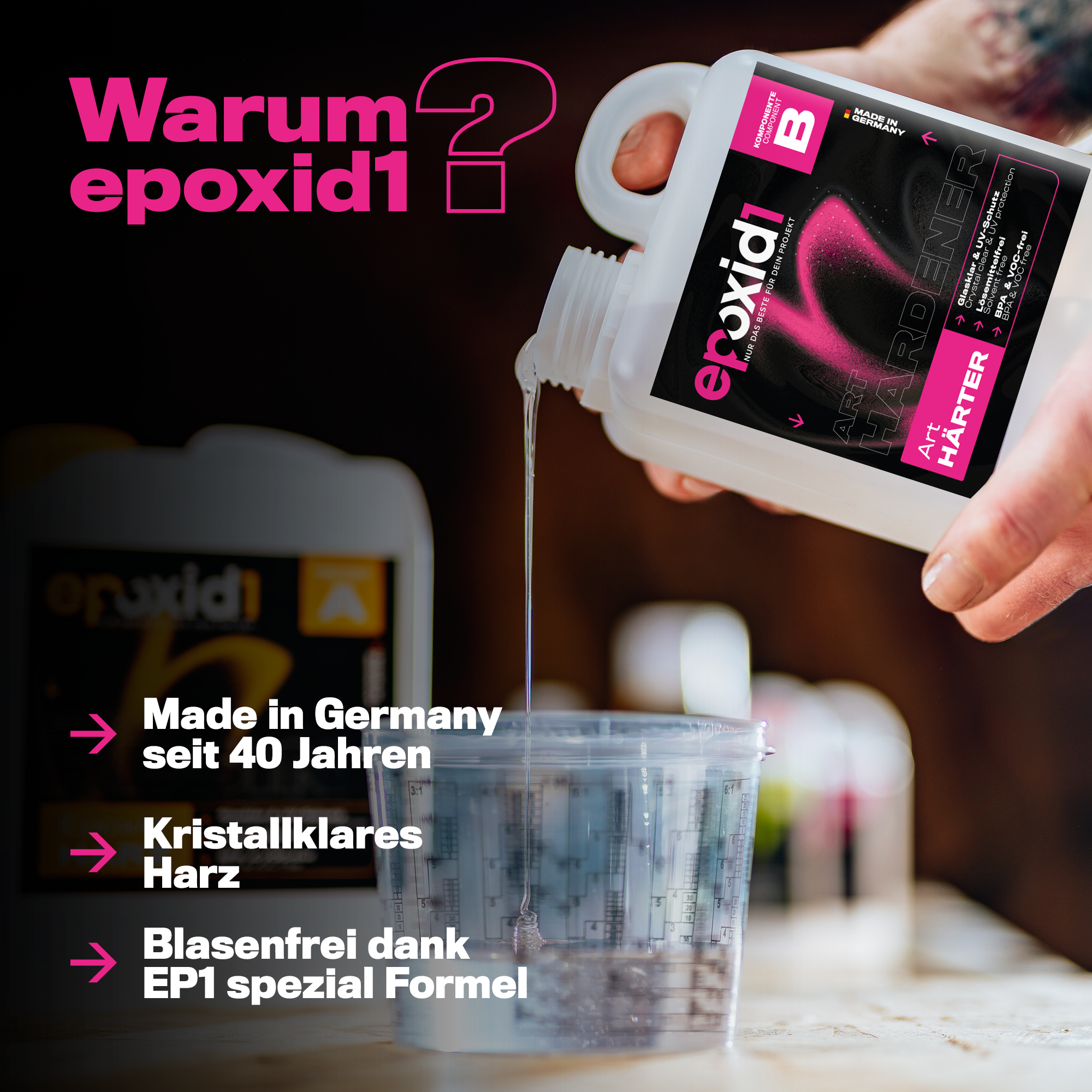 Warum epoxid1 Art Epoxidharz – Made in Germany seit 40 Jahren, kristallklares Harz, blasenfrei dank EP1-Spezialformel