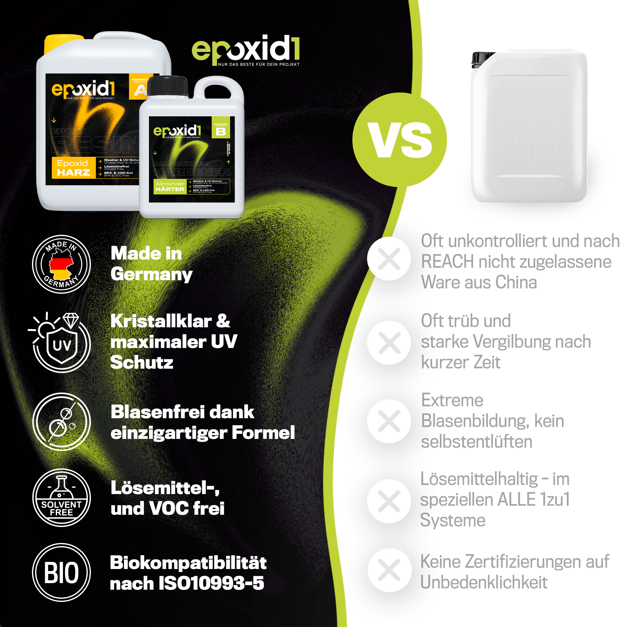epoxid1 Allrounder Epoxidharz vs. Billigprodukt – Vergleich: Made in Germany, kristallklar, UV-Schutz, blasenfrei, lösemittelfrei, biokompatibel ISO10993-5