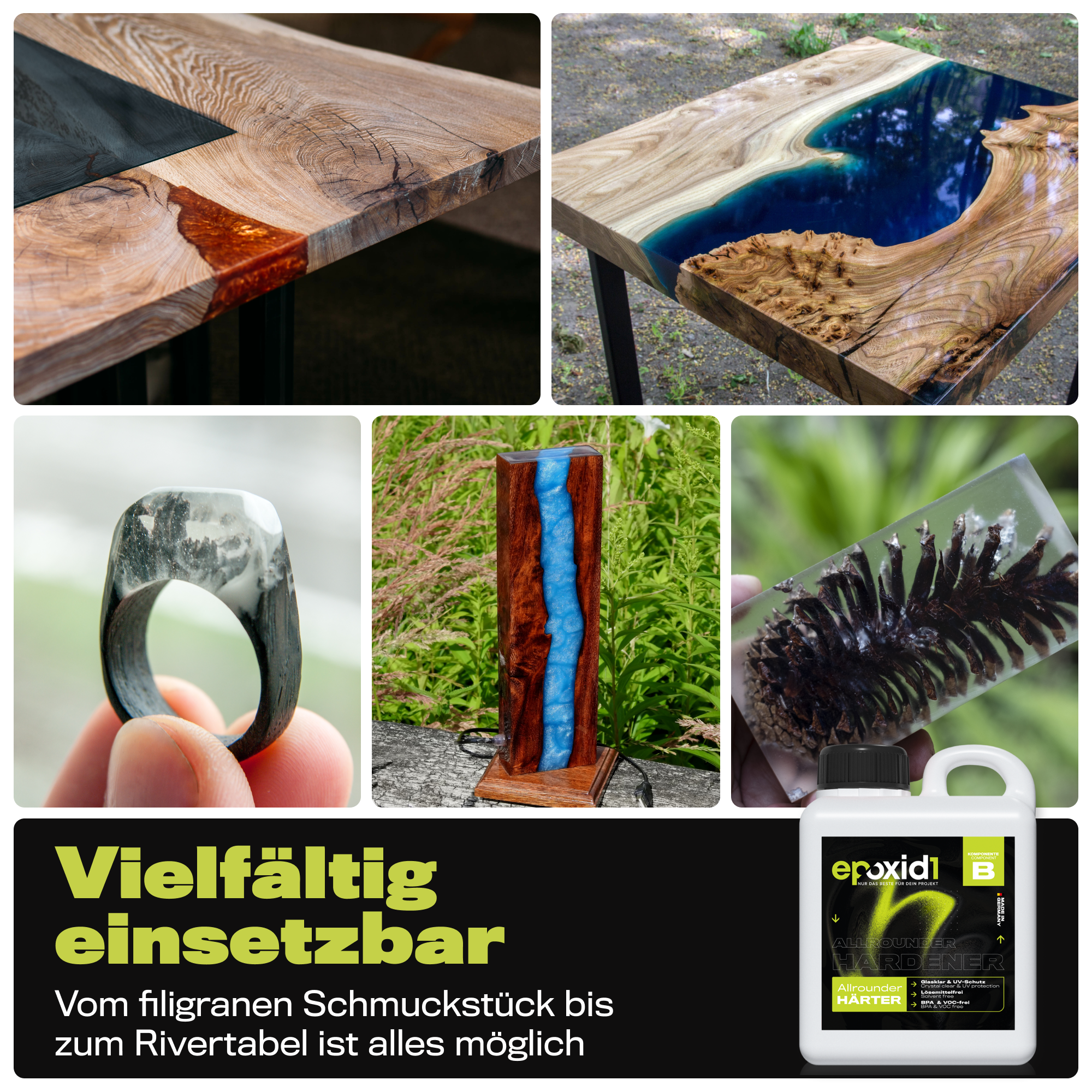 epoxid1 Allrounder Epoxidharz – Vielfältig einsetzbar: vom filigranen Schmuckstück bis zum Rivertable ist alles möglich