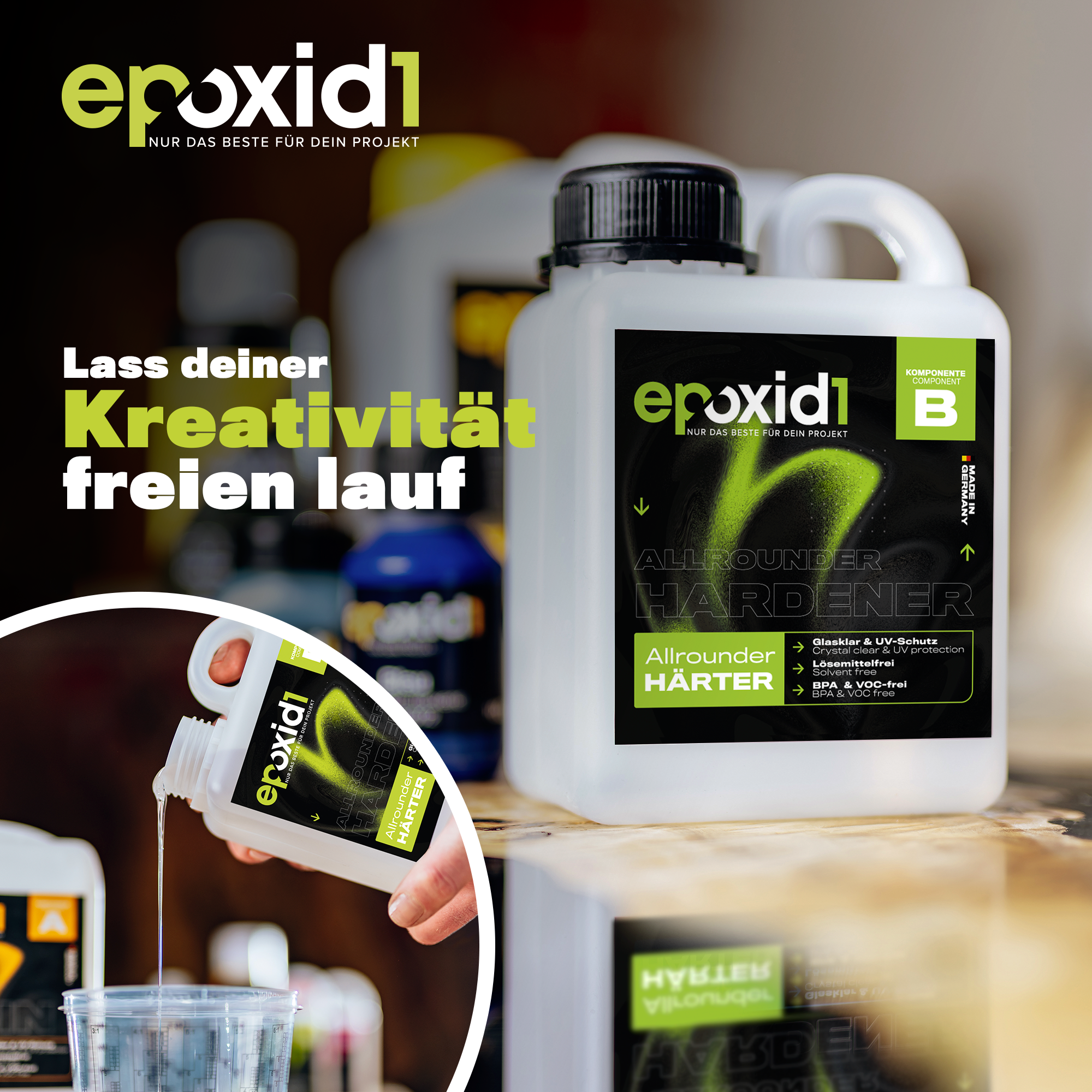 epoxid1 Allrounder Härter – Lass deiner Kreativität freien Lauf – Allrounder Epoxidharz mit Härter für Rivertables, Möbel und Schmuck