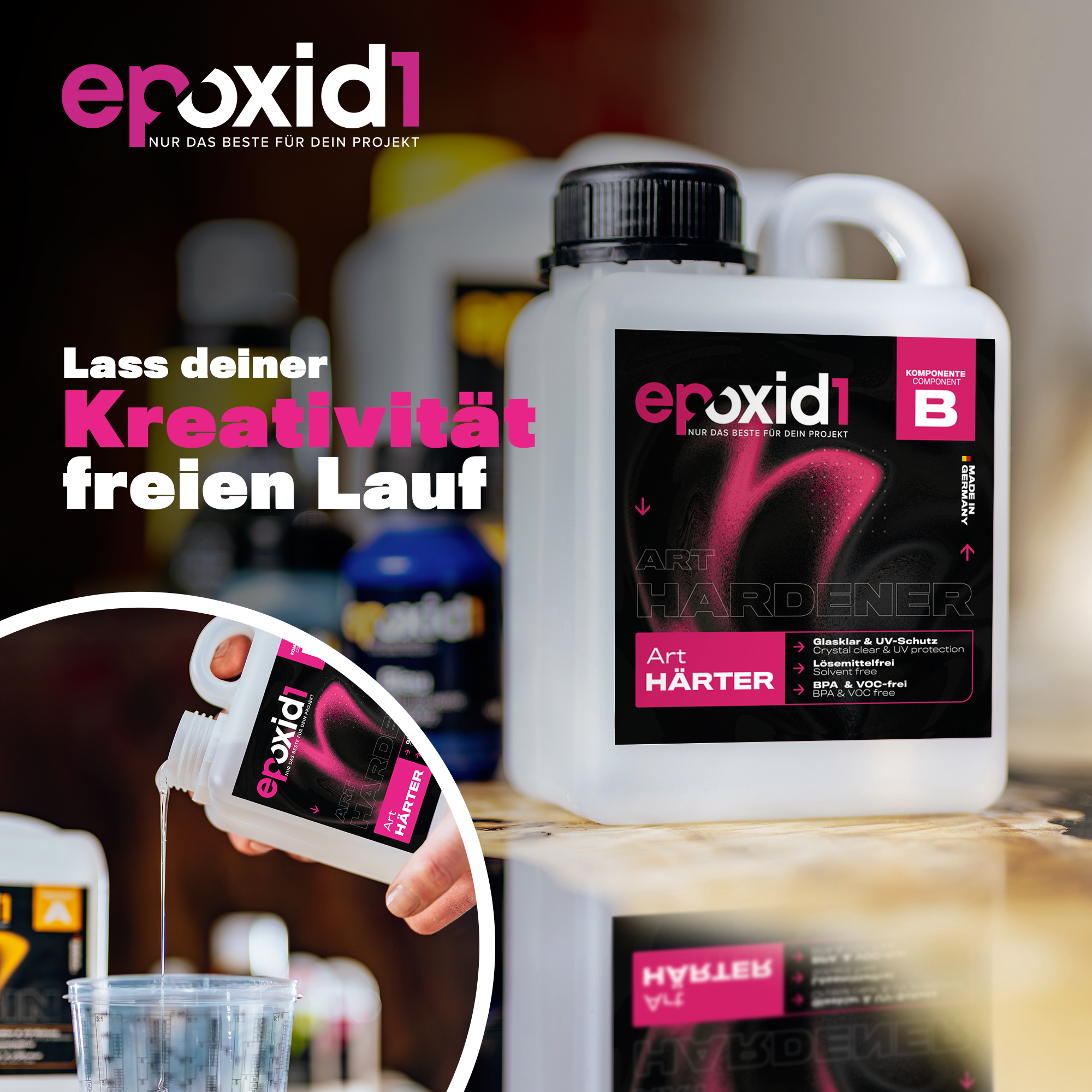 epoxid1 Art Härter mit Spruch: Lass deiner Kreativität freien Lauf – Art Epoxidharz mit Härter für kreative Resin-Projekte