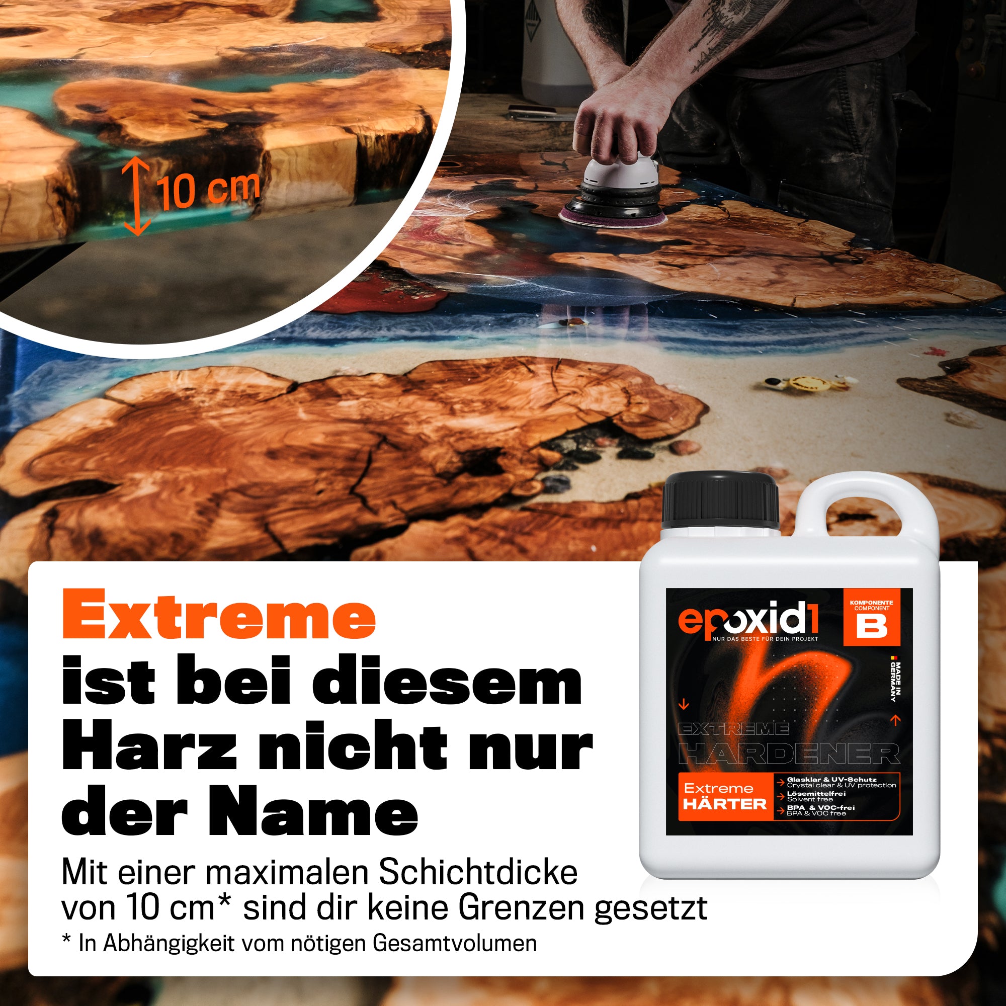 epoxid1 Extreme Epoxidharz – maximale Schichtdicke von 10 cm für Rivertables und große Volumenvergüsse, kein Limit