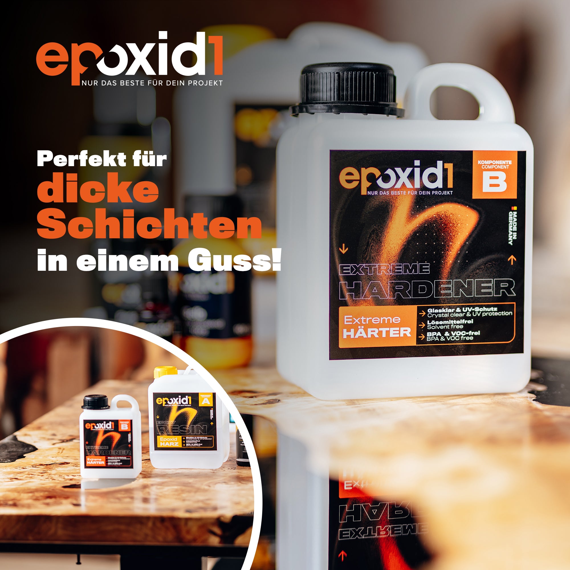 epoxid1 Extreme Epoxidharz mit Härter – Perfekt für dicke Schichten in einem Guss, Gussstärke 5–10 cm