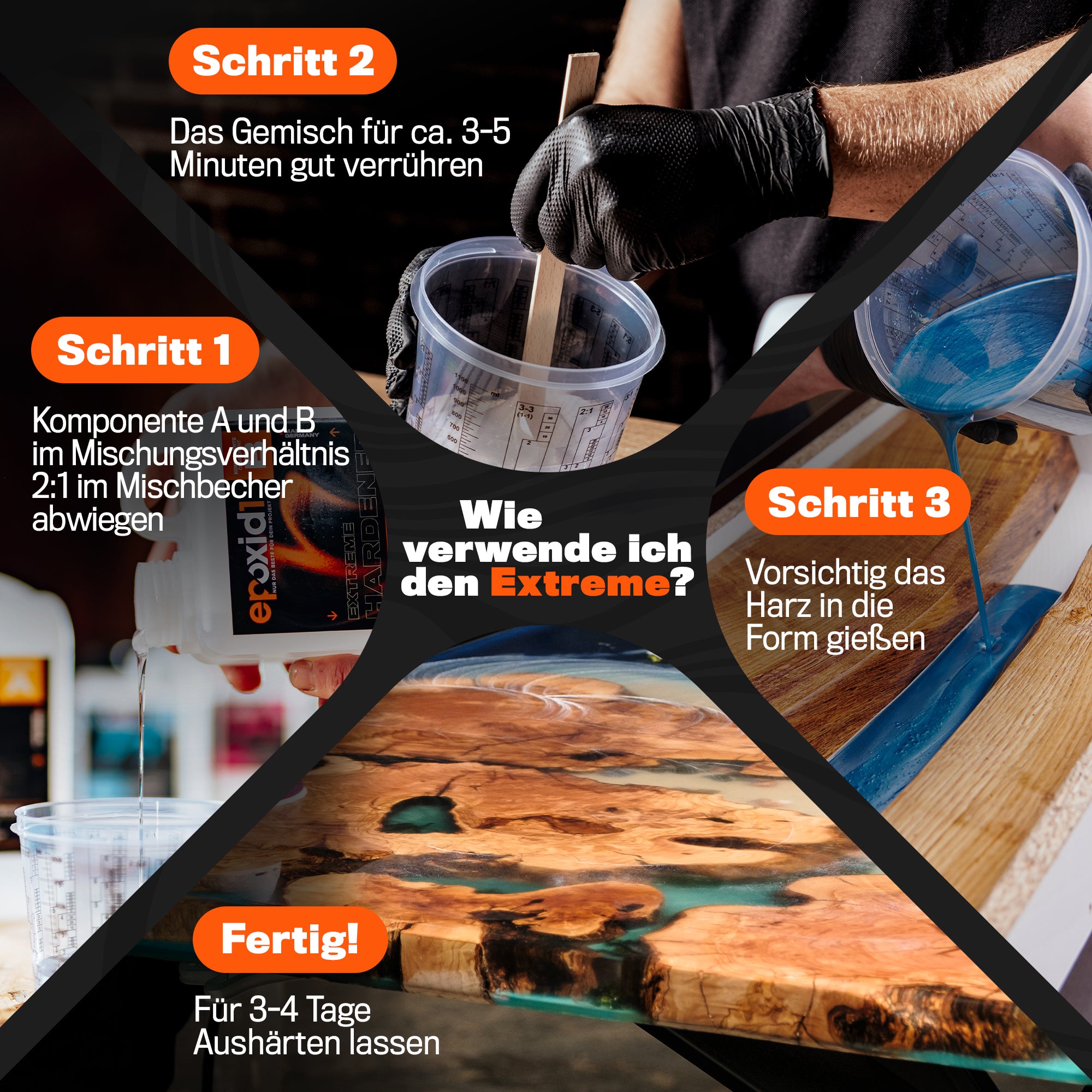 Anleitung Extreme Epoxidharz: Schritt 1 Komponenten 2:1 abwiegen, Schritt 2 3–5 Min. rühren, Schritt 3 in Form gießen, Fertig nach 3–4 Tagen