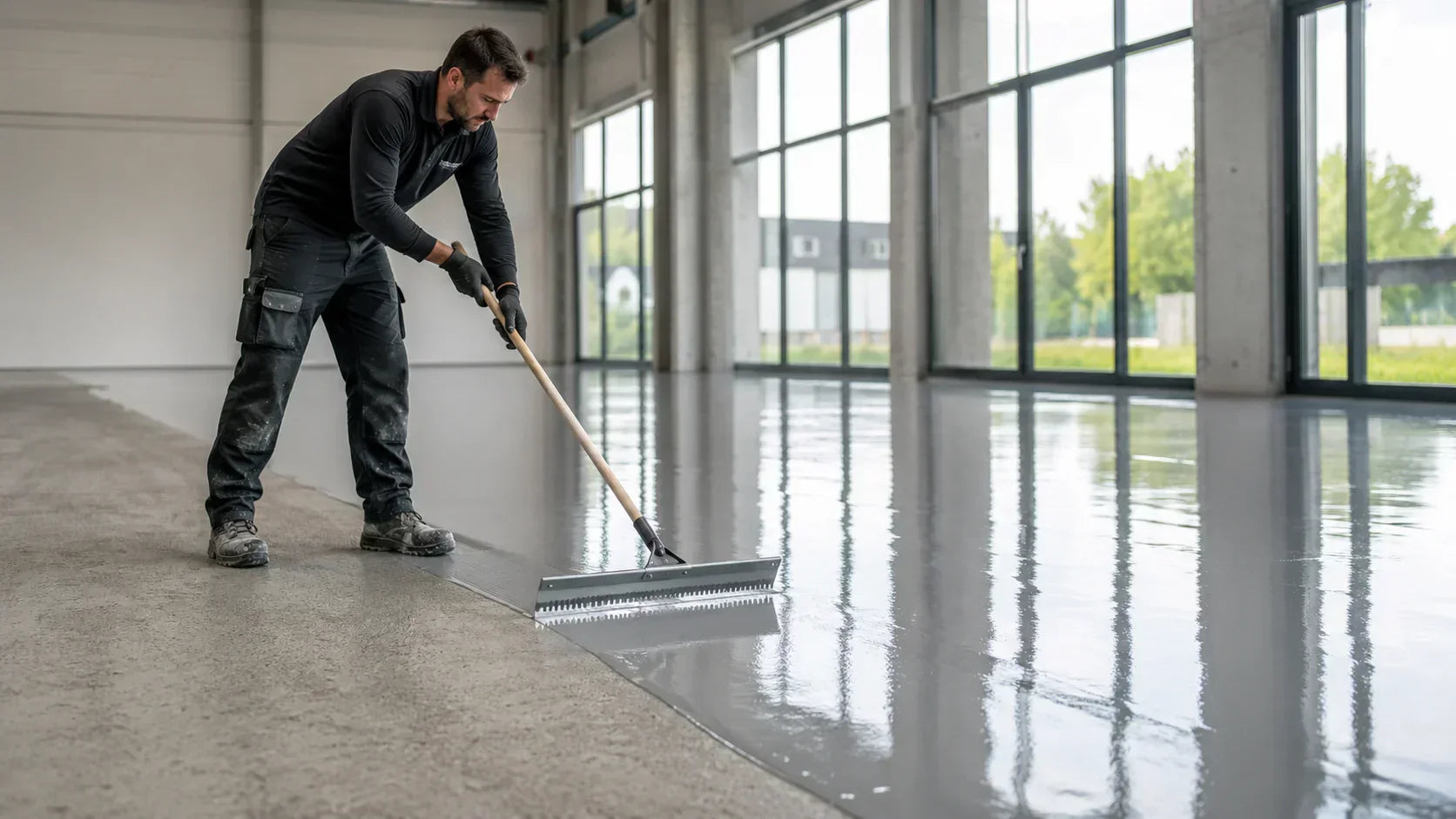 Handwerker trägt eine glänzende graue Epoxidharz-Bodenbeschichtung in einer hellen Industriehalle auf