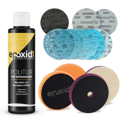 epoxid1 Schleifen und Polieren Bundle für Epoxidharz. Bestehend aus Politur, Polierpads und dem Mirka Schleifset