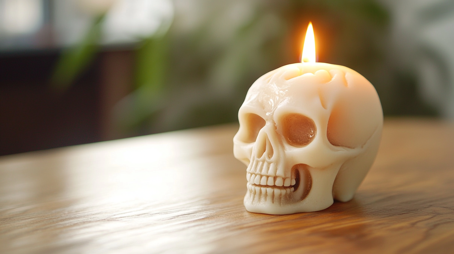 Brennende Kerze in Form eines Totenkopfes.