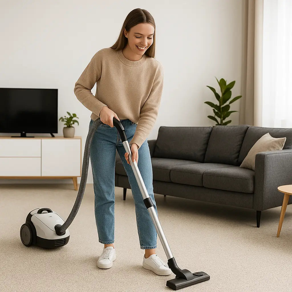 Eine Frau saugt in ihrem Wohnzimmer mit Steinteppich-Boden mit einem Staubsauger